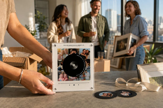 Thoughtful housewarming gift featuring a Magneo personalized record music box