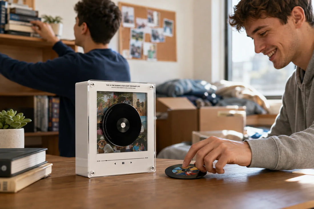 College roommates setting up a personalized record music box in a dorm room
