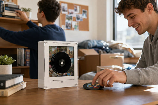 College roommates setting up a personalized record music box in a dorm room
