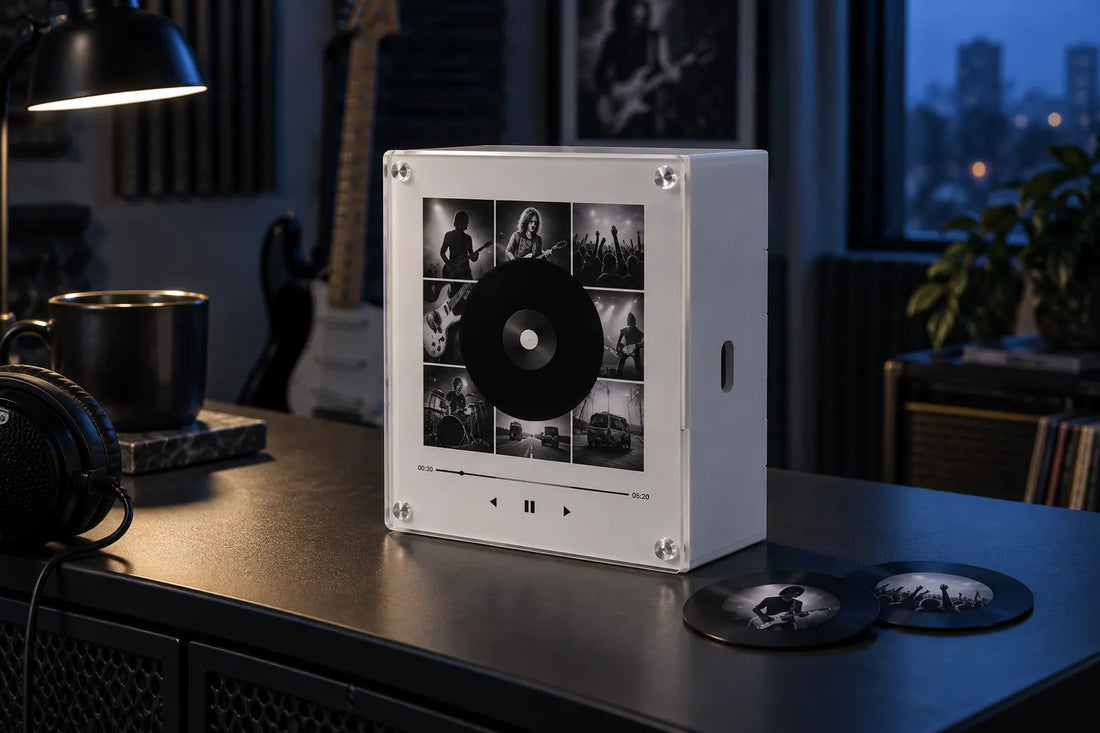 Personalized record music box in a blue-hour listening room with miniature records