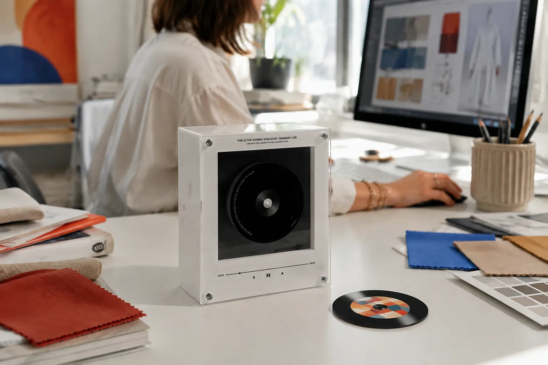 Personalized record music box in a creative graduate's design studio