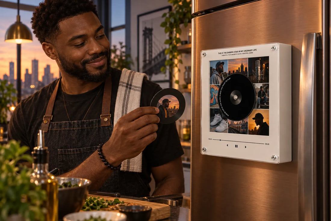 Home cook choosing a personalized mini record beside a magnetic music box on a refrigerator