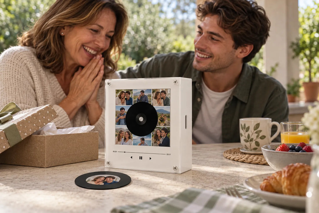 Parent and adult child opening a personalized photo music gift together at breakfast
