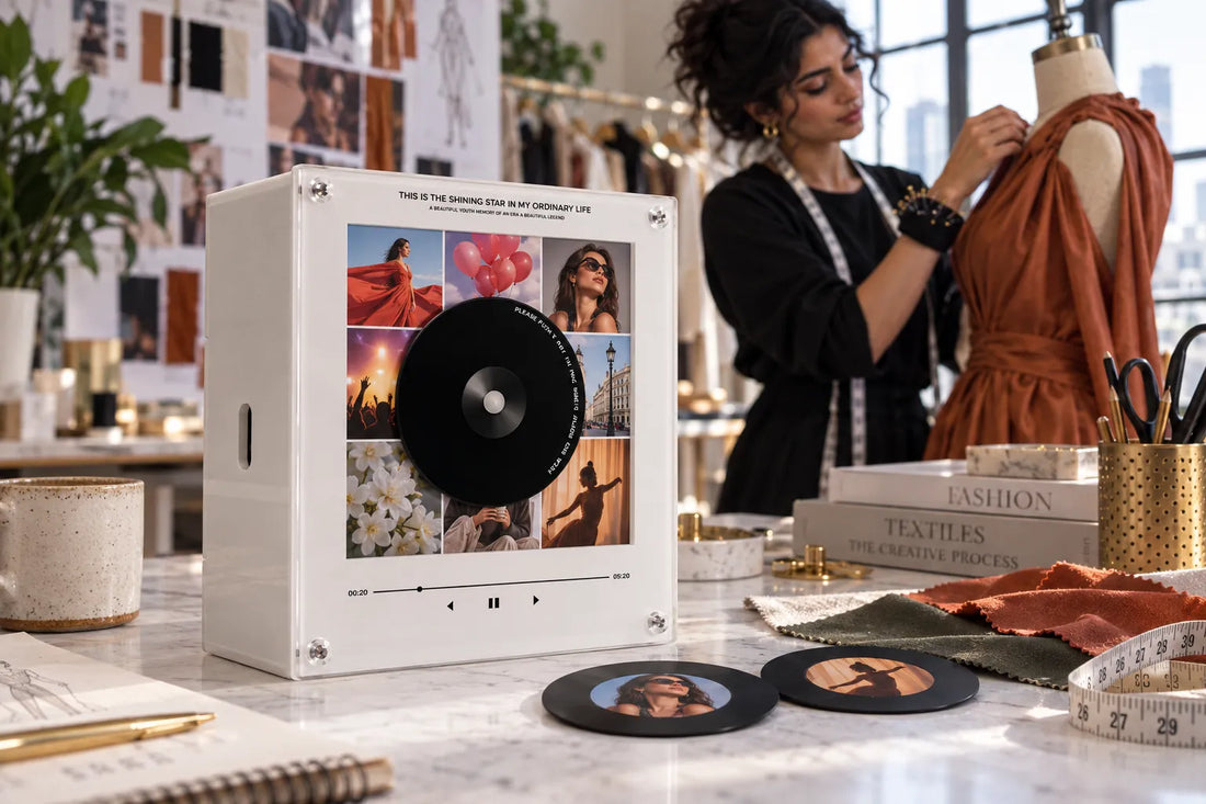 Creative maker working beside a personalized record music box in a bright atelier