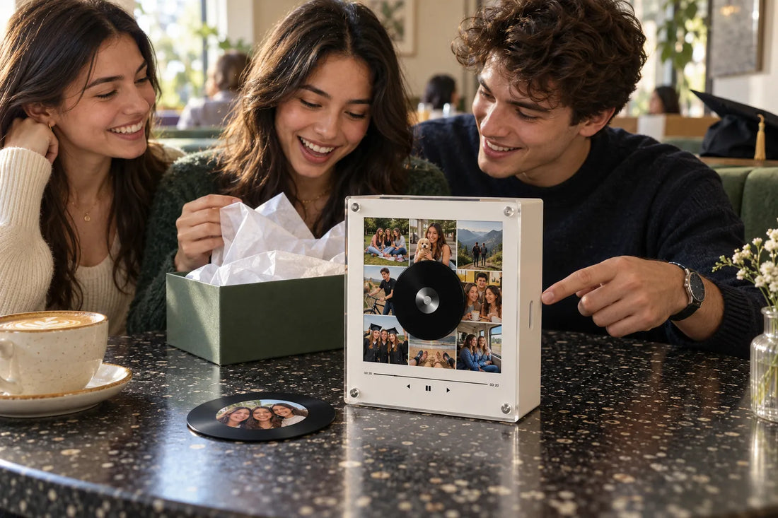 Three friends sharing a personalized record music box during a graduation celebration